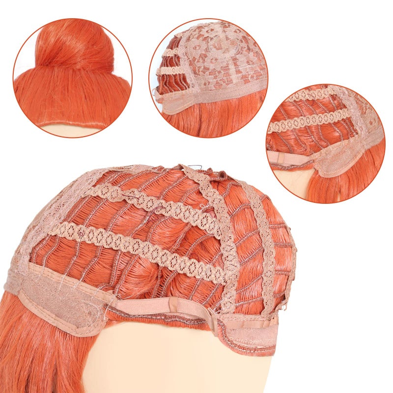 Prettybuy 13" Synthetic Orange Hair Short Straight Bob wig with Bangs with One Hair Bun Wig Heat Resistance Fiber Wig for Daily Use, Cosply, Parties and Halloween - Image 3